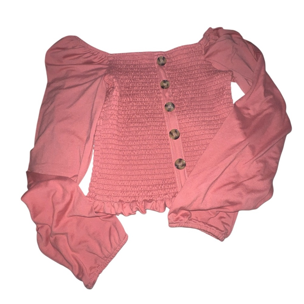 Riley + James Pink Off-Shoulder Pullover Buttoned Design Blouse